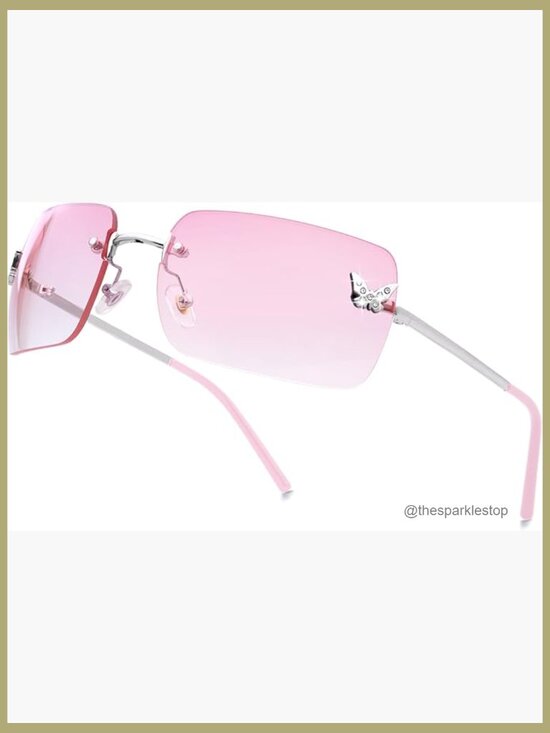 Metal and Plastic Rimless Rectangle Y2K Sunglasses with UV400 Protection